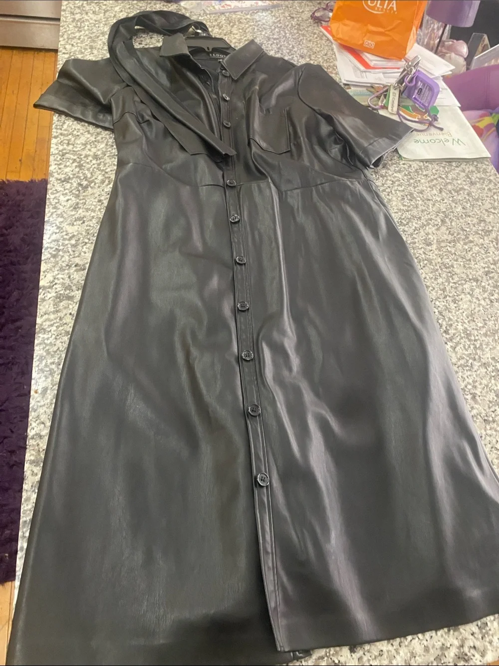 Eloquii Black Faux Leather Button-Front Midi Dress